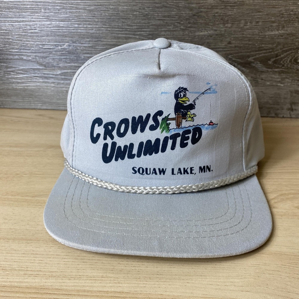 VINTAGE Crows Unlimited Hat Cap Snap Back Fishing Cartoon Mens Squaw Lake 80s